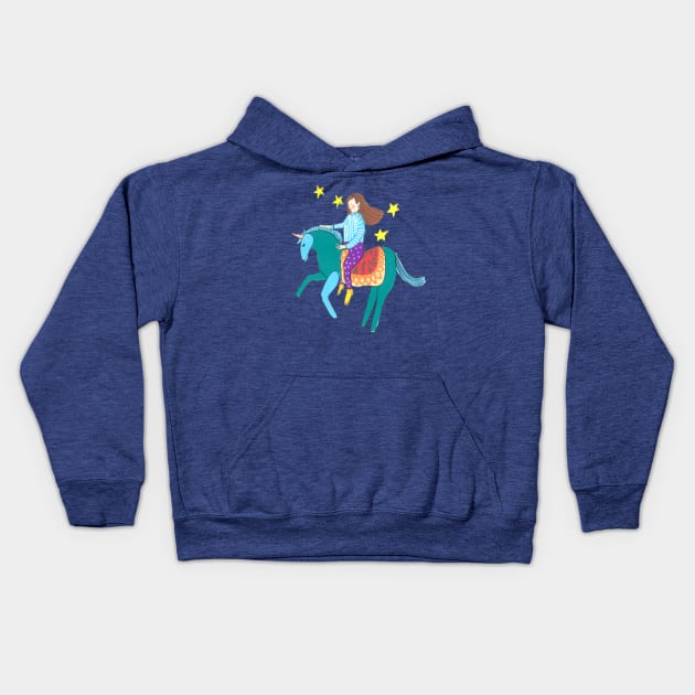 Girl riding a unicorn Kids Hoodie by DoodlesAndStuff